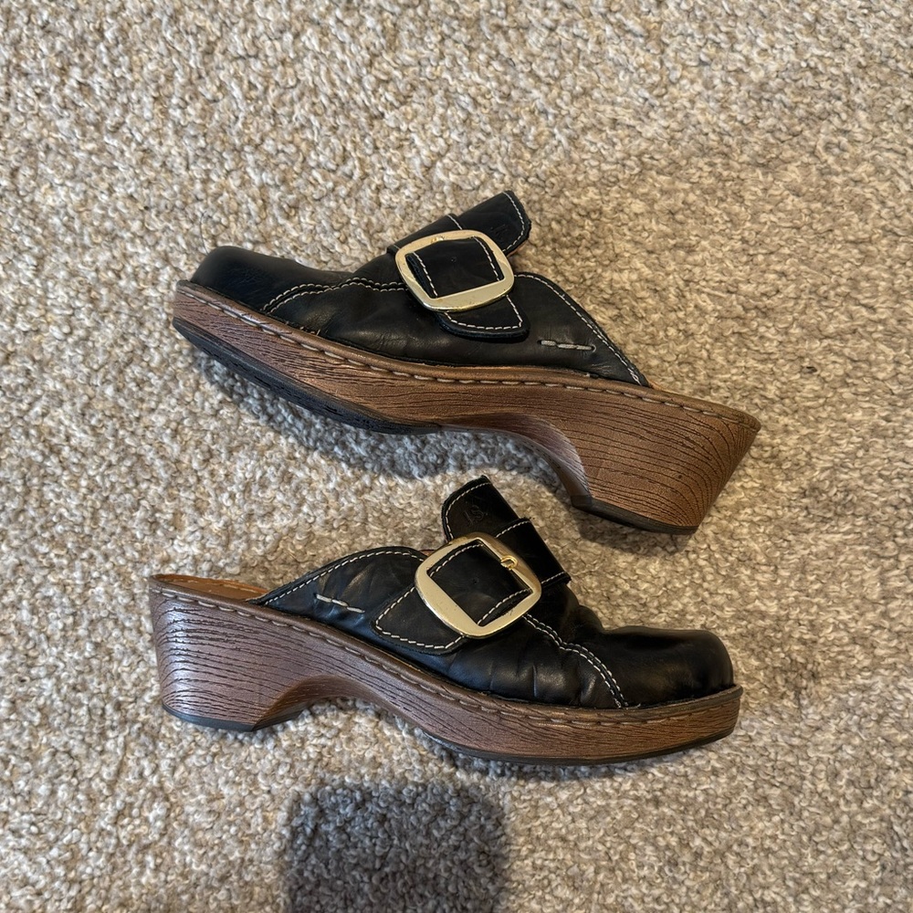 Josef Seibel Black Leather Mule Clogs with Buckle